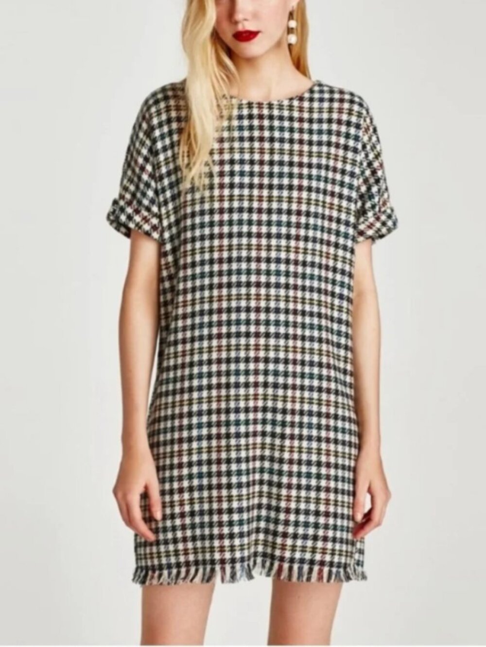 Zara Houndstooth Check Fringe Plaid Fringe Hem Mini Dress - Size Small